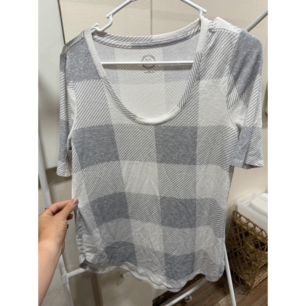 Grey White Buffalo Plaid Scoop Neck Fall Knit Top Medium